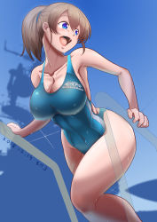 Rule 34 | 1girl, artist name, blue eyes, blue sky, blue one-piece swimsuit, breasts, brown hair, character name, cleavage, commentary request, competition swimsuit, covered navel, dated, day, feet out of frame, gradient sky, intrepid (kancolle), kantai collection, large breasts, looking to the side, moke ro, one-piece swimsuit, open mouth, ponytail, pool ladder, short hair, silhouette, sky, solo, swimsuit, wet, wet clothes, wet swimsuit