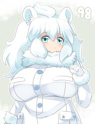 Rule 34 | 1girl, ahoge, animal ear fluff, animal ears, blue eyes, blush, breasts, buttons, commentary request, elbow gloves, fur-trimmed sleeves, fur collar, fur trim, gloves, grey background, hair between eyes, highres, huge breasts, kemono friends, lets0020, lion ears, lion girl, long hair, looking at viewer, medium bangs, numbered, open mouth, pocket, solo, upper body, white gloves, white hair, white lion (kemono friends)