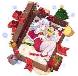 Rule 34 | 1girl, ahoge, alternate costume, azur lane, bell, blue hair, blush, bow, box, candy, candy cane, christmas, christmas tree, dango remi, food, full body, gift, gift box, heterochromia, long hair, looking at viewer, lying, nicholas (azur lane), nicholas (surprise!?) (azur lane), official art, on side, pantyhose, parted lips, red bow, red eyes, santa costume, solo, thighhighs, transparent background, white pantyhose, yellow eyes