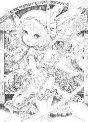 Rule 34 | 1girl, cowboy shot, crazy eyes, dress, female focus, flandre scarlet, greyscale, hat, katzeh, looking at viewer, mob cap, monochrome, solo, standing, touhou, wide-eyed, wings