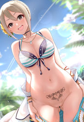 Rule 34 | 1girl, :d, bar censor, bare shoulders, belt, bikini, bikini top only, black choker, blonde hair, blue sky, blush, bottomless, bracelet, braid, breasts, brown eyes, censored, choker, clothes pull, collarbone, contrail, cowboy shot, crown braid, day, dutch angle, flower, front-tie top, gluteal fold, groin, hair flower, hair ornament, halterneck, heart, heart tattoo, highres, idolmaster, idolmaster cinderella girls, jewelry, layered bikini, lens flare, looking at viewer, medium breasts, mk (mod0), navel, necklace, off shoulder, open clothes, open fly, open mouth, outdoors, palm tree, pubic tattoo, pulled by self, pussy, round teeth, shiomi syuko, short hair, sky, smile, solo, stomach, striped bikini, striped clothes, sweat, swimsuit, tattoo, teeth, tree, upper teeth only, yellow flower