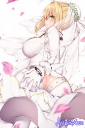 Rule 34 | 10s, 1girl, ahoge, ass, ayuteisyoku, back, belt, blonde hair, blush, bodysuit, breasts, bridal veil, butt crack, chain, dress, fate/extra, fate/extra ccc, fate (series), flower, gloves, green eyes, hair bun, hair intakes, hand on own ass, head wreath, large breasts, looking back, loose belt, nero claudius (bride) (fate), nero claudius (fate), nero claudius (fate) (all), petals, simple background, single hair bun, smile, solo, veil, white background, white bodysuit, white dress, white gloves