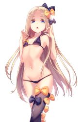 Rule 34 | 1girl, abigail williams (fate), absurdres, bare shoulders, bikini, black bikini, black bow, black thighhighs, blonde hair, blue eyes, bow, breasts, child, collarbone, fate (series), forehead, hair bow, highres, lalazyt, long hair, looking at viewer, navel, open mouth, orange bow, parted bangs, polka dot, polka dot bow, shaded face, simple background, single thighhigh, small breasts, solo, strap pull, swimsuit, thighhighs, thighs, white background