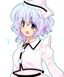 Rule 34 | 1girl, blue eyes, female focus, hat, kiri futoshi, light purple hair, looking at viewer, merlin prismriver, open mouth, short hair, smile, solo, touhou, upper body, wavy hair