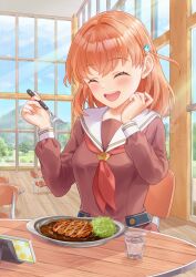 Rule 34 | 1girl, ^ ^, absurdres, blush, brown dress, cafeteria, cellphone, closed eyes, commentary request, crossed bangs, cup, dress, food, fork, hair ornament, hand up, happy, hasu no sora school uniform, highres, hinoshita kaho, holding, holding fork, katsu curry, kobassy, link! like! love live!, long sleeves, love live!, medium hair, mountain, neckerchief, on chair, open mouth, orange hair, phone, phone stand, rabbit hair ornament, red neckerchief, sailor collar, sailor dress, school uniform, sitting, smartphone, smile, solo, table, teeth, tree, upper teeth only, virtual youtuber, water, white sailor collar, window, winter uniform, wooden table