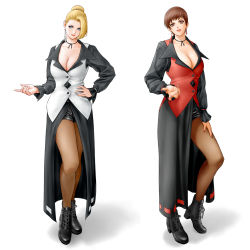 Rule 34 | 2girls, blonde hair, blue eyes, boots, breasts, brown eyes, brown hair, cleavage, contrapposto, earrings, full body, highres, jewelry, large breasts, mature (kof), multiple girls, pantyhose, short hair, simple background, snk, the king of fighters, vice (kof), white background, x chitch