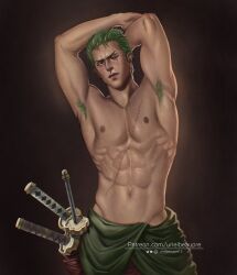 Rule 34 | 1boy, abs, armpit hair, armpits, bara, closed mouth, earrings, green hair, jewelry, large pectorals, male focus, muscular, muscular male, navel, nipples, one eye closed, one piece, patreon username, pectorals, roronoa zoro, scar, scar across eye, scar on chest, scar on face, short hair, solo, topless male, twitter username, urielbeaupre15, weapon
