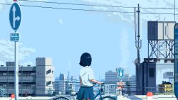 Rule 34 | 1girl, animated, animated gif, bicycle, blue skirt, blue sky, building, commentary request, day, mae 1031, original, outdoors, pixel art, road sign, scenery, shirt, sign, skirt, sky, solo, white shirt