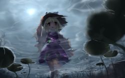 Rule 34 | 1girl, animal print, blonde hair, brown eyes, brown hat, commentary, feet out of frame, frog print, from below, hair ribbon, hand on headwear, hat, high collar, lily pad, long sleeves, looking at viewer, moriya suwako, open mouth, purple skirt, purple vest, refraction, ribbon, shirt, short hair, sidelocks, skirt, solo, touhou, ushitsuchi, vest, wading, white shirt, wide sleeves