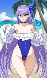 Rule 34 | 1girl, bare shoulders, beach, blue choker, blue eyes, blue ribbon, blue sky, blush, breasts, choker, collarbone, fate/grand order, fate (series), frilled one-piece swimsuit, frills, gluteal fold, hair ribbon, highleg, highleg swimsuit, licking lips, long hair, long sleeves, looking at viewer, meltryllis, meltryllis (fate), meltryllis (swimsuit lancer) (fate), meltryllis (swimsuit lancer) (second ascension) (fate), muta poo, ocean, off-shoulder one-piece swimsuit, off shoulder, one-piece swimsuit, palm tree, puffy sleeves, purple hair, ribbon, shore, sky, sleeves past fingers, sleeves past wrists, small breasts, smile, solo, swimsuit, thighs, tongue, tongue out, tree, very long hair, white ribbon, wide hips