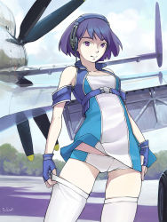 Rule 34 | 1girl, aircraft, airplane, bare shoulders, bob cut, dmitry popov, female focus, fingerless gloves, gloves, headphones, highres, isle of winds, jetto, md5 mismatch, nature, outdoors, panties, pantyshot, propeller, purple eyes, purple hair, short hair, sky, smile, solo, thighhighs, underwear, yumi (isle of winds)