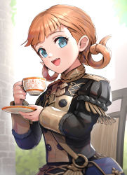 Rule 34 | 1girl, :d, annette fantine dominic, bag, black jacket, blue eyes, blunt bangs, commentary request, cup, fire emblem, fire emblem: three houses, garreg mach monastery uniform, gonzarez, hair rings, hand up, handbag, highres, holding, holding cup, jacket, juliet sleeves, long sleeves, looking at viewer, nintendo, open mouth, orange hair, puffy sleeves, saucer, short hair, smile, solo, teacup, upper body
