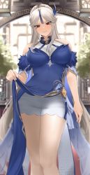 Rule 34 | 1girl, absurdres, blonde hair, blue dress, breasts, brown eyes, commentary request, dress, eyelashes, formal, genshin impact, hair ornament, highres, large breasts, long hair, looking at viewer, ningguang (genshin impact), ningguang (orchid&#039;s evening gown) (genshin impact), nvl, solo, thighs, very long hair