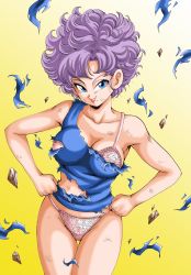 Rule 34 | 1girl, blue eyes, blue shirt, bra, breasts, cleavage, clenched hands, clothes lift, collarbone, commentary request, cowboy shot, curly hair, dirty, dirty clothes, dirty face, dragon ball, dragon ball (classic), eyelashes, floating rock, gradient background, hands on own hips, happy, highres, lace, lace-trimmed bra, lace-trimmed panties, lace trim, lips, lipstick, makeup, medium breasts, mole, mole under mouth, panties, parted lips, pink bra, pink panties, purple hair, ranfan, red lips, rock, shaded face, shirt, short hair, simple background, smile, solo, standing, torn clothes, torn shirt, underwear, very short hair, white background, wind, wind lift, yellow background, young jijii