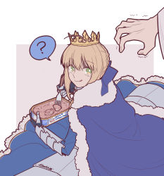 Rule 34 | 1girl, ?, ahoge, artoria pendragon (all), artoria pendragon (fate), blonde hair, blue bow, blue dress, bow, braid, cape, crown, dress, eating, fate/grand order, fate/stay night, fate (series), food, fork, french braid, fur trim, gauntlets, green eyes, hair bow, highres, liangchanxingmingrixiang, licking lips, looking at another, looking back, meat, merlin (fate/stay night), saber (fate), tongue, tongue out