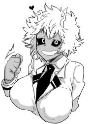 Rule 34 | 1girl, antennae, ashido mina, boku no hero academia, breasts, covered erect nipples, dark-skinned female, dark skin, dekosukentr, fig sign, greyscale, grin, hands up, heart, highres, jacket, large breasts, looking at viewer, monochrome, necktie, school uniform, short hair, simple background, smile, solo, white background, wing collar