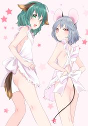 Rule 34 | 2girls, absurdres, adjusting bow, animal ears, apron, ass, bow, cowboy shot, dog ears, dog tail, fang, from behind, green eyes, green hair, grey hair, highres, kasodani kyouko, looking back, mouse ears, mouse tail, multiple girls, naked apron, nazrin, pink background, red eyes, sakechazuke, star (symbol), tail, touhou