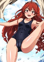 Rule 34 | 1girl, ahoge, armpits, blue one-piece swimsuit, blue sky, blush, breasts, cameltoe, cloud, covered navel, eris greyrat, feet out of frame, fuyumi kazuki, hair between eyes, hairband, high kick, highres, kicking, long hair, looking at viewer, mushoku tensei, one-piece swimsuit, open mouth, red eyes, red hair, school swimsuit, sky, small breasts, solo, sparkle, splashing, split, swimsuit, teeth, very long hair