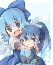Rule 34 | 10s, 2girls, bad id, bad pixiv id, blue dress, blue eyes, blue hair, blush, bow, cirno, crossover, dress, fang, fubukihime, green eyes, hair bow, long hair, looking at viewer, multiple girls, nankai, open mouth, ponytail, power connection, short hair, star (symbol), touhou, wings, youkai watch