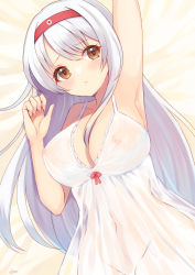 Rule 34 | 1girl, breasts, brown eyes, camisole, headband, kantai collection, large breasts, long hair, nipples, red headband, see-through, shoukaku (kancolle), silica (silica silylate), solo, upper body, white camisole, white hair