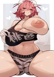 Rule 34 | 1girl, :d, absurdres, bandaged arm, bandages, black tank top, blush, breasts, bun cover, character name, clothes writing, commentary, crop top, curvy, double bun, grey background, hair between eyes, hair bun, heart, highres, huge breasts, ibaraki kasen, joker (stjoker), large areolae, large nipples, looking at viewer, navel, nipples, one breast out, open mouth, pink eyes, pink hair, short hair, smile, solo, tank top, touhou