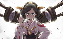 Rule 34 | 10s, 1girl, backpack, bad id, bad pixiv id, bag, bare shoulders, black hair, blue eyes, cannon, glasses, hairband, hand on own hip, kantai collection, kirishima (kancolle), looking at viewer, nontraditional miko, personification, short hair, smirk, solo, tonami kanji, upper body