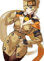 Rule 34 | 1girl, ashiomi masato, blonde hair, blue eyes, brown coat, brown hat, brown pantyhose, coat, commentary request, fingerless gloves, fur hat, gloves, guilty gear, guilty gear strive, hand on own hip, hat, highres, long hair, millia rage, orange scarf, pantyhose, scarf, solo, ushanka