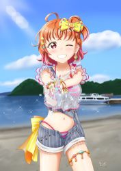 Rule 34 | 1girl, a chika-tastic summer (love live!), alternate hairstyle, antenna hair, artist name, artist request, bare legs, bare shoulders, beach, bikini, bikini under clothes, blue pants, blue shorts, blue sky, blush, boat, bow, bracelet, braid, breasts, bridal garter, cleavage, clothes writing, cloud, collarbone, day, dvermayo, earrings, female focus, food-themed hair ornament, hair bow, hair ornament, hairclip, halterneck, heart (symbol), highres, holding, holding water gun, jewelry, looking at viewer, love live!, love live! school idol festival, love live! school idol festival all stars, love live! sunshine!!, medium breasts, medium hair, mountain, ocean, off-shoulder shirt, off shoulder, open fly, orange bow, orange hair, orange hair ornament, outdoors, pants, parted bangs, parted lips, pearl bracelet, pink bikini, polka dot, polka dot bow, ponytail, red eyes, ribbon, see-through, see-through shirt, see-through sleeves, ship, shirt, short hair, short sleeves, shorts, side braid, side ponytail, single braid, sky, smile, solo, sparkle, strap slip, striped bikini, striped bow, striped clothes, striped pants, striped shorts, striped tank top, suspenders, suspenders hanging, swimsuit, takami chika, tank top, teeth, thighlet, triangle hair ornament, two-tone bikini, vertical-striped clothes, vertical-striped shorts, water gun, watercraft, wrist bow, yellow bow, yellow ribbon