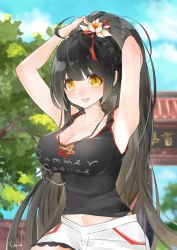 Rule 34 | 1girl, adjusting hair, ahoge, ara haan, armpits, arms up, black hair, black shirt, blue sky, braid, breasts, cizy, cleavage, clothes writing, cloud, collarbone, commentary request, crown braid, day, elsword, hair ornament, jewelry, large breasts, long hair, looking at viewer, midriff peek, mixed-language commentary, navel, necklace, orange eyes, outdoors, shirt, short shorts, shorts, signature, sky, sleeveless, sleeveless shirt, smile, solo, star (symbol), star necklace, tree, tying hair, very long hair, white shorts