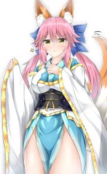 Rule 34 | 10s, 1girl, absurdres, alternate costume, animal ear fluff, animal ears, blue bow, bow, breasts, collarbone, cosplay, fate/extra, fate/grand order, fate (series), fox ears, fox tail, hair bow, hand on own chest, highres, kiyohime (fate), kiyohime (fate) (cosplay), large breasts, long hair, looking at viewer, moyoron, pink hair, smile, solo, tail, tamamo (fate), tamamo no mae (fate/extra), twintails