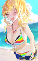 1girl absurdres bikini bikini_under_clothes blonde_hair bracelet breasts cleavage closed_eyes front-tie_bikini_top front-tie_top fujima_(k114) halterneck highres idolmaster idolmaster_cinderella_girls jewelry large_breasts necklace o-ring o-ring_bikini ohtsuki_yui open_mouth ponytail short_shorts shorts solo striped_bikini striped_clothes swimsuit unbuttoned