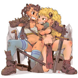 Rule 34 | 2girls, andrewcockroach, ankle boots, armor, axe, barbarian, bikini armor, boots, breasts, brown eyes, brown hair, bruise, bruise on face, catfight, cleavage, clenched hand, dark-skinned female, dark skin, dreadlocks, fantasy, fighting, full body, gauntlets, head grab, headlock, highres, incoming attack, incoming punch, injury, long hair, multiple girls, navel, on one knee, original, pelvic curtain, planted, planted axe, punching, small breasts, tattoo, teeth, thighhighs, very dark skin, weapon