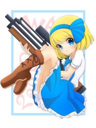 Rule 34 | 1girl, alice margatroid, alice margatroid (pc-98), blonde hair, blue bow, blue bowtie, blue eyes, blue skirt, blush, boots, bow, bowtie, brown footwear, bullpup, buttons, collared shirt, commentary request, full body, gun, hair bow, highres, holding, holding gun, holding weapon, inon, looking at viewer, rifle, shirt, short hair, short sleeves, skirt, sniper rifle, solo, suspender skirt, suspenders, touhou, touhou (pc-98), walther, walther wa 2000, weapon, white shirt