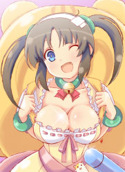Rule 34 | 10s, ;d, backpack, bag, bell, blue eyes, breasts, brown hair, choker, cleavage, collarbone, dress, fang, green choker, hamster, highres, large breasts, looking at viewer, minori (senran kagura), neck bell, one eye closed, open mouth, ribbon-trimmed clothes, ribbon trim, senran kagura, smile, solo, twintails, upper body, vzmk2, yellow dress