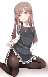 Rule 34 | 10s, 1girl, arashio (kancolle), arashio kai ni (kancolle), bad id, bad twitter id, belt, brown hair, clothes lift, dress, dress lift, frilled dress, frills, highres, kantai collection, lifted by self, long hair, looking at viewer, mitsudoue, pantyhose, pinafore dress, pleated dress, pleated skirt, school uniform, sitting, skirt, skirt lift, sleeveless, sleeveless dress, smile, solo