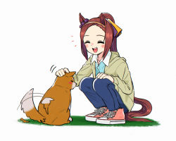 Rule 34 | 1girl, ^ ^, afterimage, animal ears, appleq, blue pants, blue shirt, blush stickers, brown hair, closed eyes, closed mouth, collared shirt, dog, full body, hairband, highres, horse ears, horse girl, horse tail, jacket, long hair, long sleeves, notice lines, open mouth, pants, petting, pink footwear, ponytail, sakura bakushin o (umamusume), shirt, shoes, smile, sneakers, solo, speed lines, squatting, tail, tail wagging, umamusume, yellow jacket