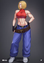 Rule 34 | 1girl, abs, belt, blonde hair, blue eyes, blue mary, breasts, fingerless gloves, gloves, hand on own hip, highres, large breasts, legs, midriff, navel, pants, parted lips, sideboob, snk, the king of fighters, thighs