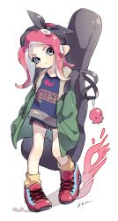 Rule 34 | 1girl, agent 8 (splatoon), artist name, bandana, black hat, black shorts, blouse, blue eyes, blue footwear, blue shirt, carrying, cello case, coat, cross-laced footwear, dolphin shorts, green coat, hands in pockets, hat, inkling (language), multicolored footwear, nintendo, octoling, octoling girl, octoling player character, octopus, pointy ears, print shirt, red footwear, sen squid, shirt, shoes, short shorts, shorts, signature, sneakers, socks, solo, splatoon (series), splatoon 2, standing, tentacle hair, white background, yellow socks