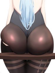 Rule 34 | 1girl, ass, ass focus, ass grab, ass support, backless outfit, bare arms, blue hair, brown pantyhose, close-up, from behind, ganyu (genshin impact), genshin impact, grabbing own ass, hand on own ass, highres, long hair, out of frame, pantyhose, revision, sana!rpg, shiny clothes, simple background, sitting, solo, white background