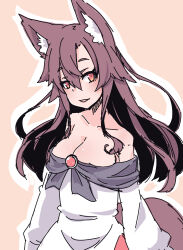 Rule 34 | 1girl, :d, animal ear fluff, animal ears, bare shoulders, breasts, brown background, brown hair, cleavage, dress, highres, imaizumi kagerou, kuro-ekaki, long hair, looking at viewer, medium breasts, off-shoulder dress, off shoulder, open mouth, outline, red eyes, smile, solo, tail, touhou, white dress, white outline, wolf ears, wolf girl, wolf tail