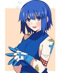 Rule 34 | 1girl, arm tattoo, bare shoulders, blue dress, blue eyes, blue gloves, blue hair, blush, breasts, ciel (tsukihime), commentary request, cross, cross tattoo, dress, exa (koyuru), flying sweatdrops, gloves, hair between eyes, highres, looking at viewer, medium breasts, open mouth, own hands together, powered ciel, sleeveless, sleeveless dress, smile, solo, tattoo, tsukihime, tsukihime (remake), two-tone gloves, upper body, white gloves, wing tattoo