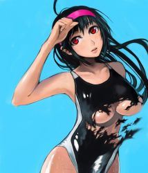Rule 34 | 1girl, bad id, bad pixiv id, beni-syoga, black hair, breasts, competition swimsuit, hairband, large breasts, long hair, one-piece swimsuit, original, red eyes, single vertical stripe, solo, swimsuit, torn clothes, torn swimsuit, underboob