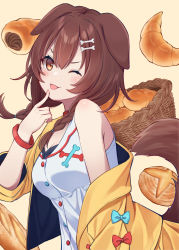 Rule 34 | 1girl, ;3, ;p, absurdres, animal ears, bare shoulders, blush, bone hair ornament, bracelet, braid, bread, breasts, brown background, brown eyes, brown hair, buttons, cartoon bone, cleavage, collar, commentary, dog ears, dog girl, dog tail, dress, finger to own chin, food, food-themed background, hair between eyes, hair ornament, hair over shoulder, hairclip, hand up, head tilt, highres, hololive, inugami korone, inugami korone (1st costume), jacket, jewelry, long hair, long sleeves, looking at viewer, looking to the side, low twin braids, off shoulder, one eye closed, open clothes, open jacket, red collar, shikinagi, side braids, sidelocks, sleeveless, sleeveless dress, small breasts, smile, solo, tail, tongue, tongue out, twin braids, v-shaped eyebrows, virtual youtuber, white dress, yellow jacket