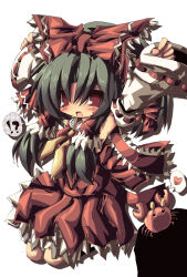 Rule 34 | !?, 1girl, arms up, black hair, bow, breasts, commentary request, crab, dangomushi, detached sleeves, frilled hair tubes, frills, hair bow, hair tubes, hakurei reimu, heart, kneeling, neckerchief, nontraditional miko, open mouth, pleated skirt, red bow, red eyes, red shirt, red skirt, ribbon-trimmed sleeves, ribbon trim, sailor collar, shirt, skirt, sleeveless, sleeveless shirt, small breasts, solo, speech bubble, spoken heart, spoken interrobang, touhou, white sleeves, yellow neckerchief