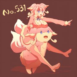 Rule 34 | 1girl, animal ears, audino, blue eyes, breast rest, breasts, character name, cleavage, creatures (company), game freak, gen 5 pokemon, kuromiya, large breasts, moemon, nintendo, open mouth, personification, pink hair, pointing, pokedex number, pokemon, pokemon (creature), smile, tail