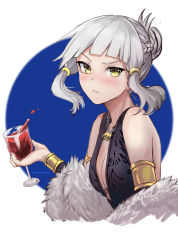 Rule 34 | 1girl, bad id, bad pixiv id, bare shoulders, black dress, blunt bangs, blush, cup, dress, drinking glass, fate/grand order, fate (series), fur trim, hair bun, highres, jewelry, looking at viewer, necklace, penthesilea (fate), penthesilea (shining skyscrapers) (fate), single hair bun, sleeveless, sleeveless dress, solo, white hair, wine glass, yellow eyes, yukihama