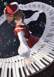 Rule 34 | 1girl, absurdres, black background, brown hair, closed eyes, commentary, hat ornament, highres, instrument, keyboard (instrument), long sleeves, lyrica prismriver, mont blanca, music, parted lips, playing instrument, red headwear, red skirt, red vest, short hair, sketch, skirt, star (symbol), star hat ornament, touhou, vest