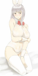 Rule 34 | 1girl, animal ears, breast hold, breasts, brown eyes, commentary request, covered navel, fake animal ears, full body, hairband, large breasts, legs together, leotard, ogros, original, playboy bunny, rabbit ears, red ribbon, ribbon, see-through, seiza, silver hair, sitting, solo, sweat, thighhighs, wet, wet clothes, white thighhighs, wrist cuffs