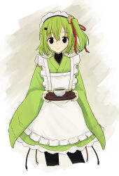 Rule 34 | 1girl, alternate costume, apron, black eyes, cable, chaun meguri, closed mouth, cowboy shot, cropped legs, dress, enmaided, frilled apron, frills, furisode sleeves, gear hair ornament, green dress, green hair, hair ornament, hair ribbon, hairclip, highres, holding, holding tray, kimono dress, light smile, long dress, looking at viewer, maid, maid apron, maid headdress, one side up, original, red ribbon, ribbon, santou (san3tou), short hair, solo, standing, tea, tray, wa maid, white apron, wide sleeves