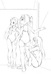 Rule 34 | 3girls, greyscale, jason (kaiten kussaku kikou), lineart, long hair, monochrome, multiple girls, one-piece swimsuit, original, swimsuit